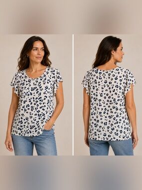Perfect Peach White Navy Leopard Print Flutter Sleeve Top M Medium